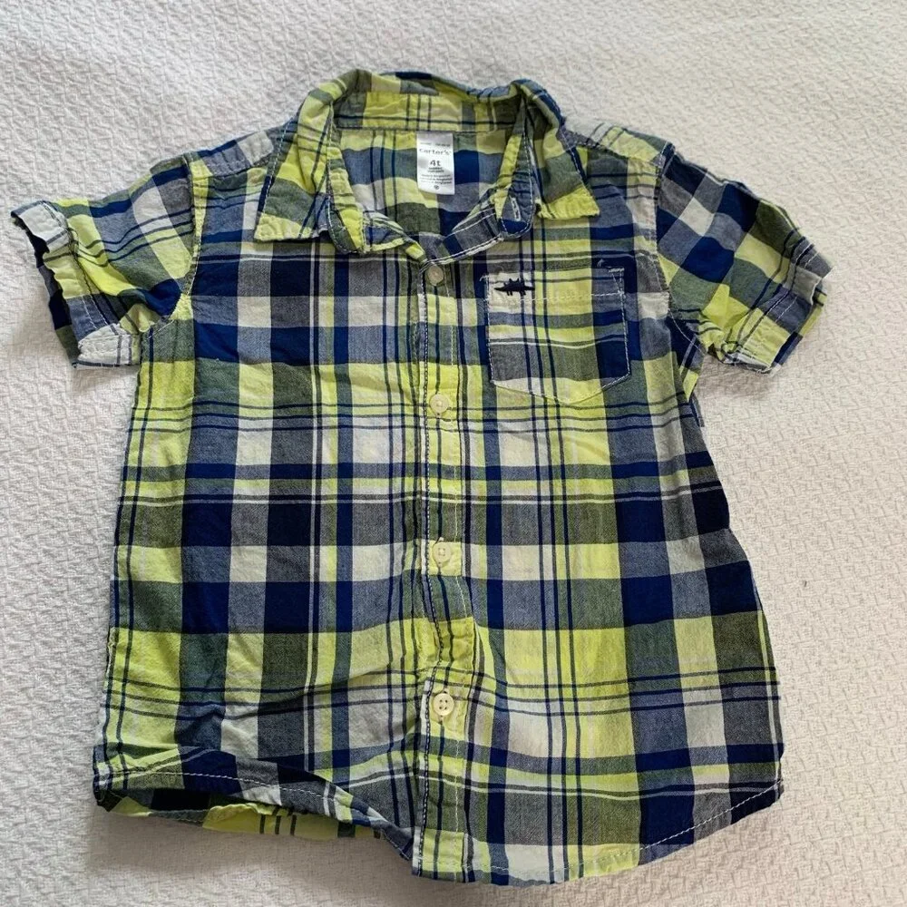 5/$25 Carter's‎ Toddler Boys 4T Plaid Button Down Shirt Navy Lime Green Dinosaur
